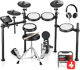 Donner DED-200 Conjunto de bateria eletrônica com tambores silenciosos com peles de malha, 2 pratos com função de abafamento (choke), 31 kits e mais de 450 sons, banco, fones de ouvido, baquetas, usb