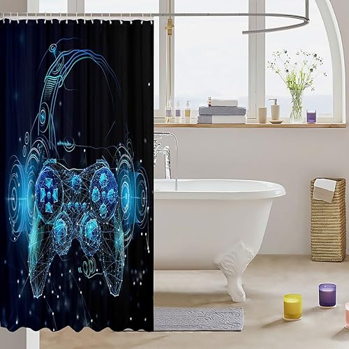 Miniatura 3 de Erosebridal Cortina de ducha moderna con estampado de videojuegos para niños, adolescentes, niños y niñas, cortina de ducha, línea geométrica, juego