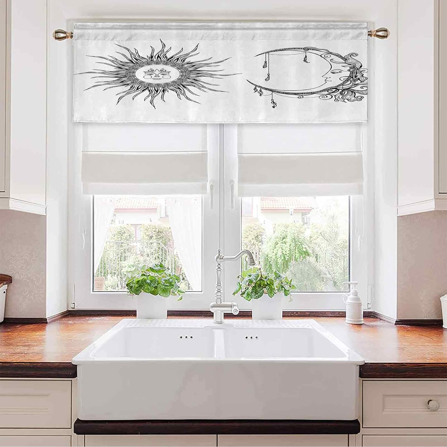 Light-Filtering Curtain Valance, 50" W x 18" L Sun and Moon with Anthropomorphic Face Celestial Spiritual Symbol Decor Print Blackout Valances Curtain for Small Window Black White