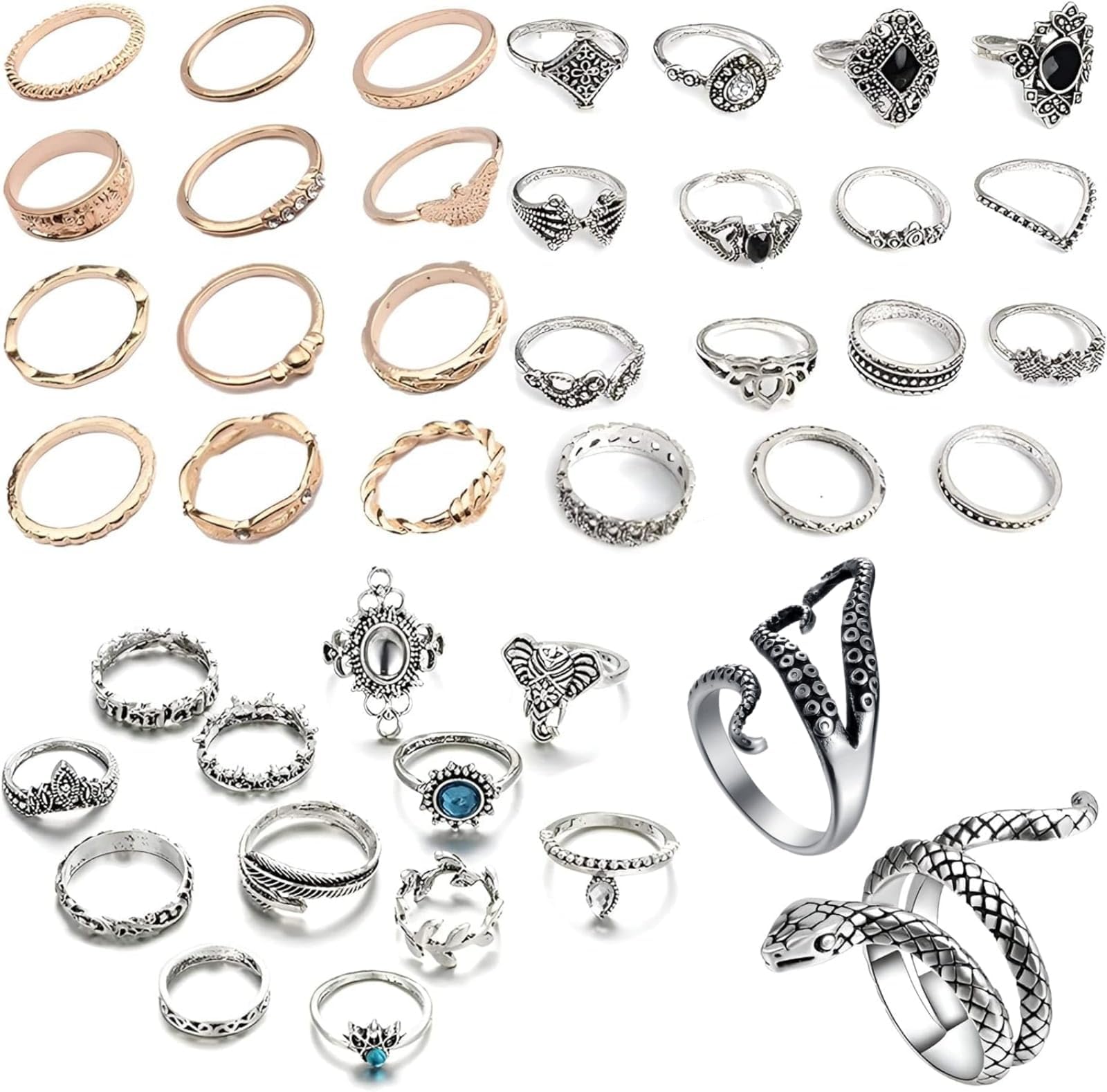 Snake Octopus Knuckle Rings Set, Simple Stacking Rings for Women Girls Men, Vintage Retro Crystal Bohemian Midi Rings, Joint Nail Cuff Statement Finger Rings