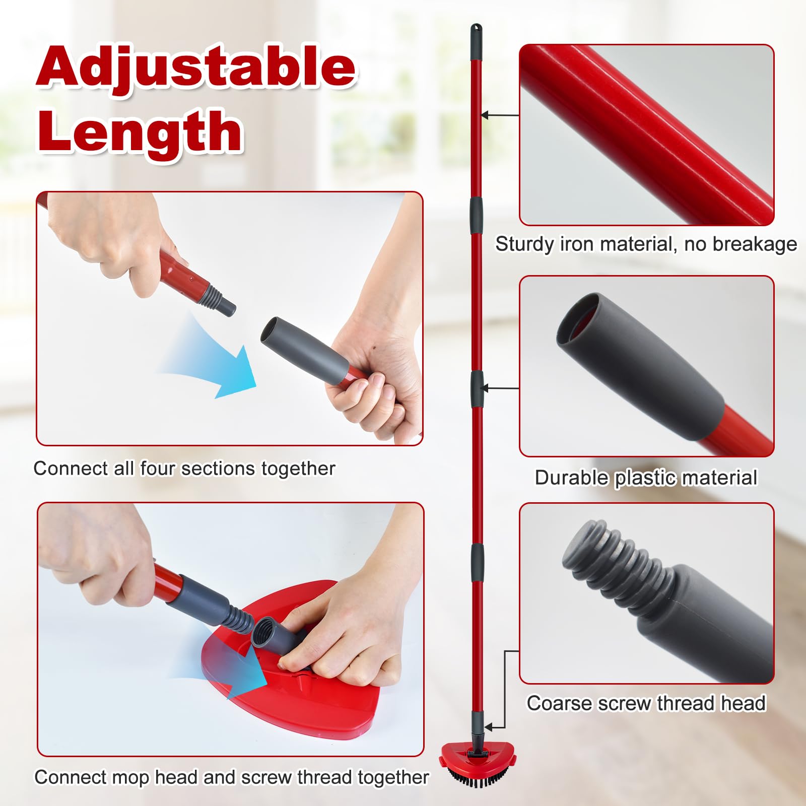 DLAIMI Mango de fregona de repuesto para Ocedar, 4 secciones de 30 a 58 pulgadas, longitud extensible, para recambios de fregonas giratorias Ocedar y limpieza de pisos, incluye base y cepillo para