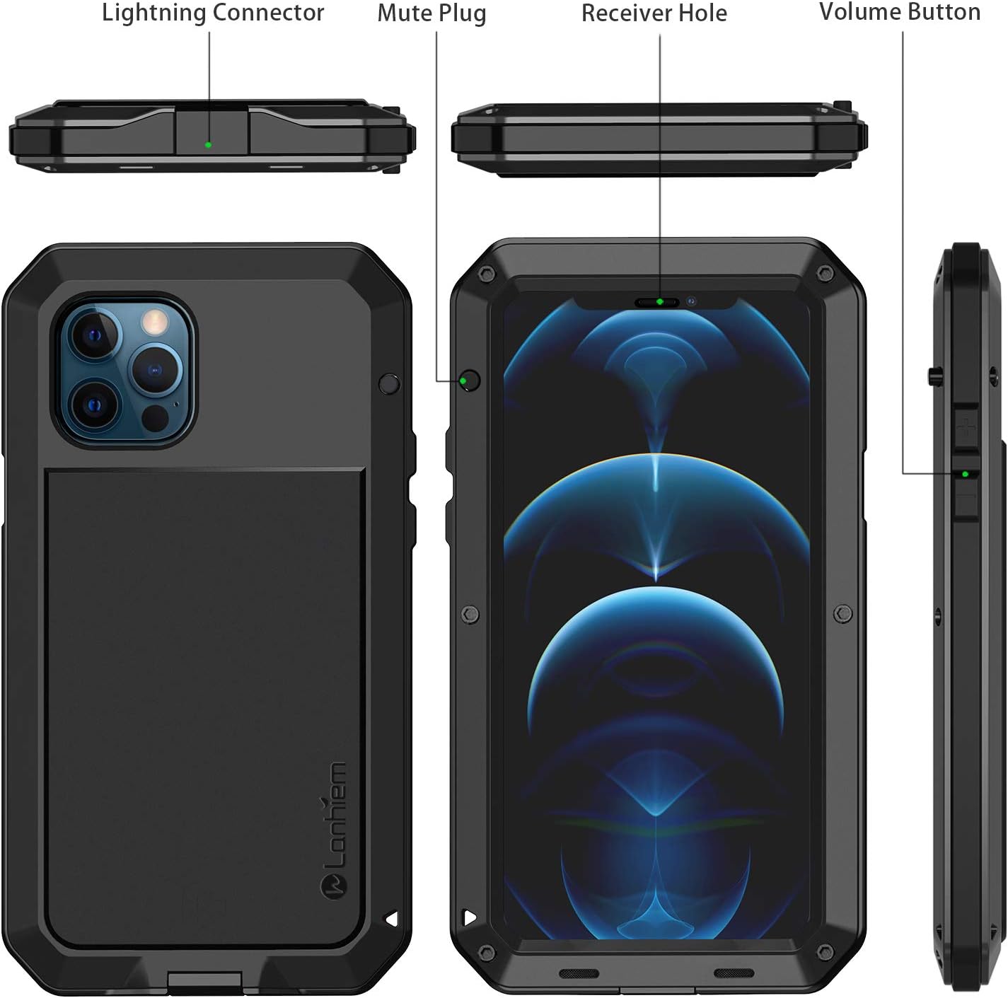 Lanhiem Metal Case for iPhone 12, iPhone 12 Pro, Heavy Duty Shockproof Tough Rugged Case with Built-in Glass Screen Protector, 360 Full Body Dust Proof Protective Cover, Black