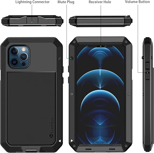 Miniatura 5 de Lanhiem Funda de metal para iPhone 12, iPhone 12 Pro, resistente a los golpes, con protector de pantalla de vidrio integrado, funda protectora 360 a