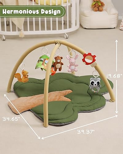 Miniatura 6 de Tapete de gimnasio para bebé, tapete con forma de árbol con 6 juguetes desmontables, tapete de juego grueso y afelpado para bebés de 0 a 6 meses,
