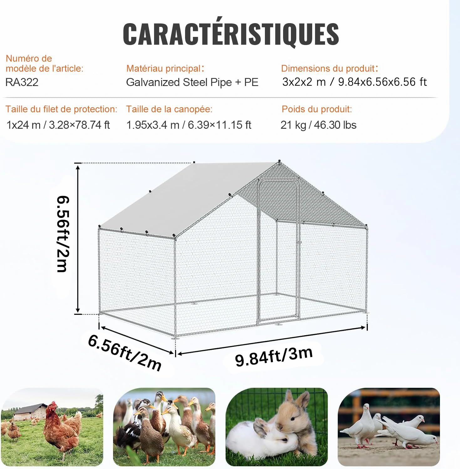 Enclos Poulailler Extérieur 6 m² en Métal Galvanisé avec Bâche PE Imperméable et Porte Verrouillable – Grand Parc Grillagé pour Poules, Lapins, Canards et Petits Animaux – 2 x 3 x 2 m