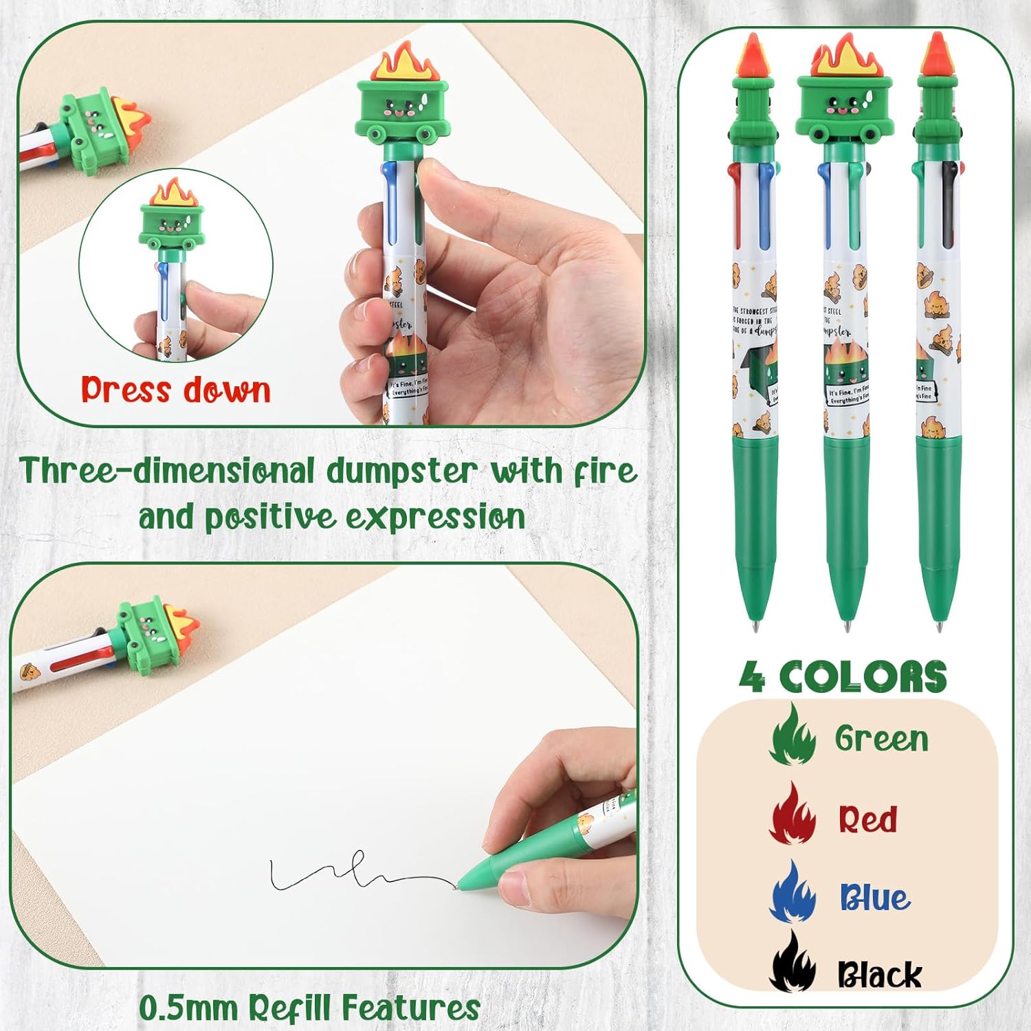 Kosiz 50 Set Dumpster Funny Employee Appreciation Gift Bulk Multicolor Ballpoint Pen 4 Colors in One 0.5mm with Bookmark for 911 Dispatcher Social Worker Office Staff Nurse Staff Team Teacher