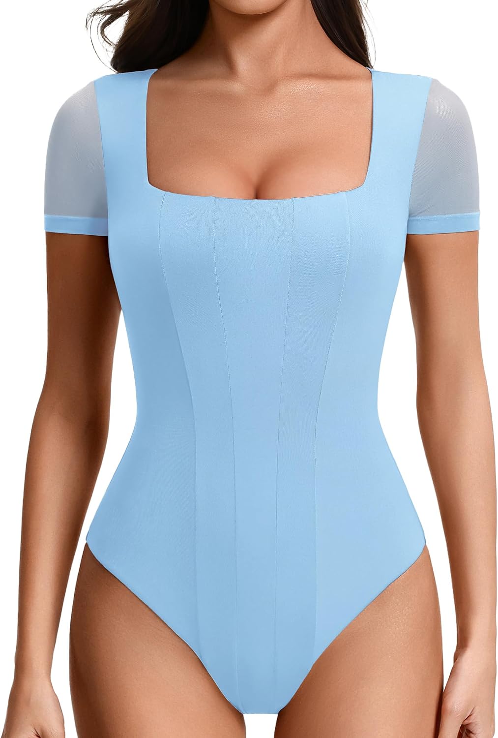 Avidlove Women's Short Sleeve Bodysuits Sexy Square Neck Body Suit Mesh Double Lined Tshirt Leotard Tops Going Out