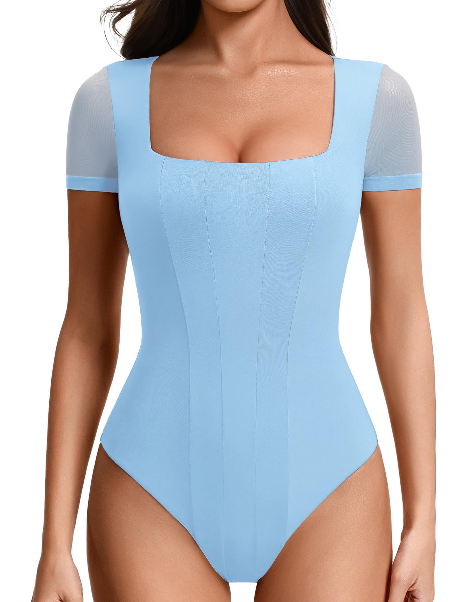 Avidlove Women's Short Sleeve Bodysuits Sexy Square Neck Body Suit Mesh Double Lined Tshirt Leotard Tops Going Out