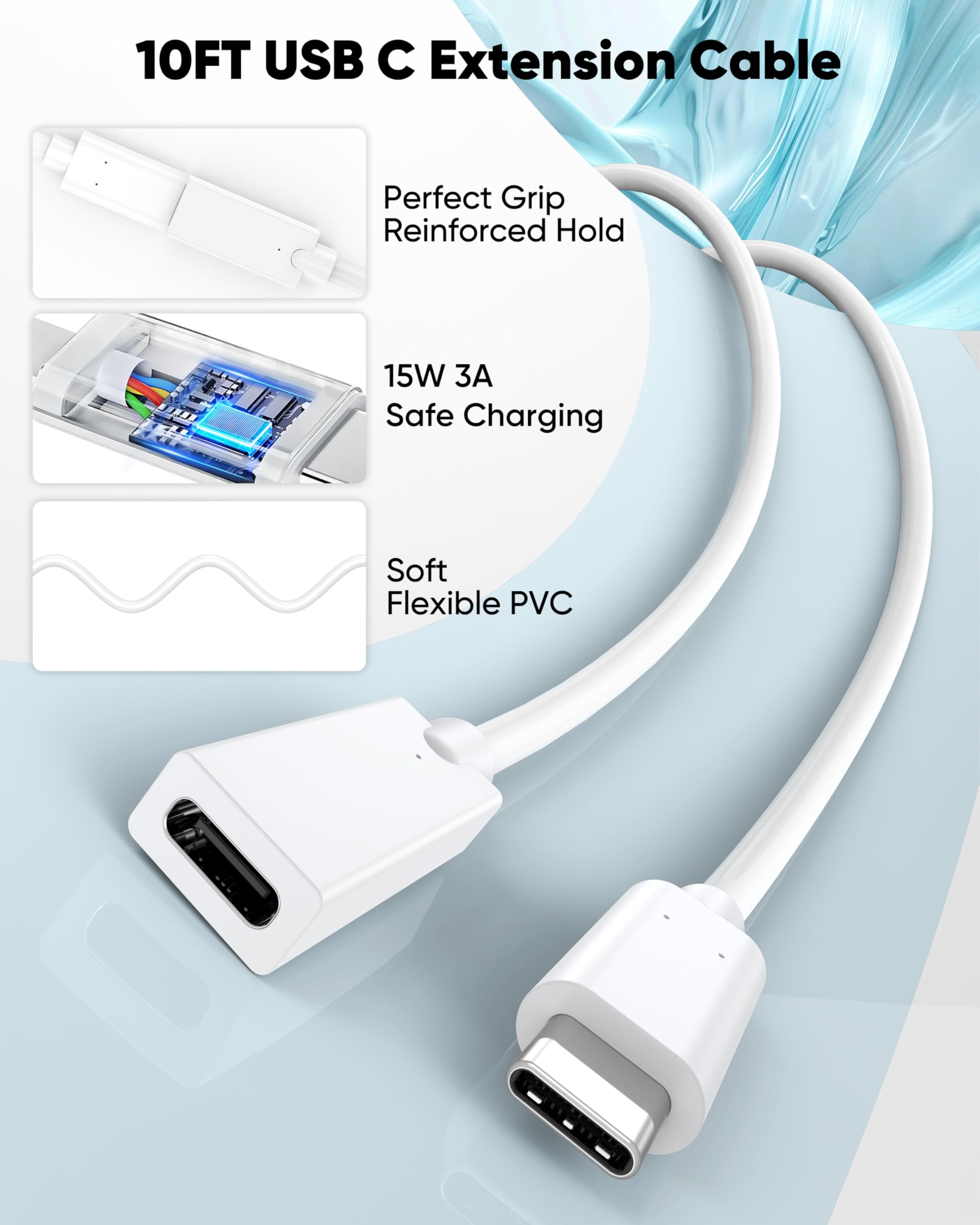 USB-C-Verlängerungskabel, 3 m, 2er-Pack, USBC-Verlängerungskabel, 15 W/3 A, schnelles Aufladen und 480 Mbit/s, USB-C-Stecker auf Buchse, Kabel für Mag-Safe, Apple Watch, iPhone 16/15 PM, HomePod