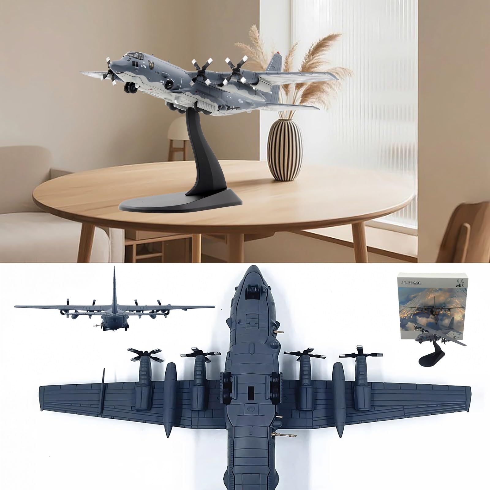 Modello aereo combattimento militare AC130 in scala 1:200, pressofuso, con eliche rotanti metallo, espositore for aereo, regalo collezione for adulti, decorazione for ufficio