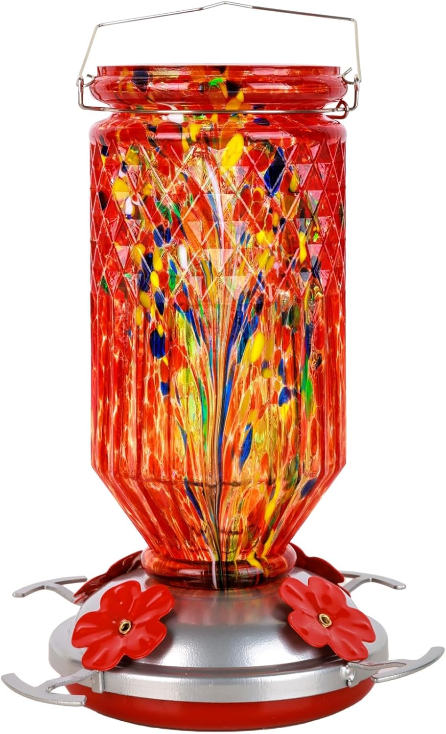 Hand Blown Glass Hummingbird Feeder for Outdoors Hanging Round Chaning Color 32 OZ Large Humming Birds Feeders with Accessories Gift for Women Mom (Red)