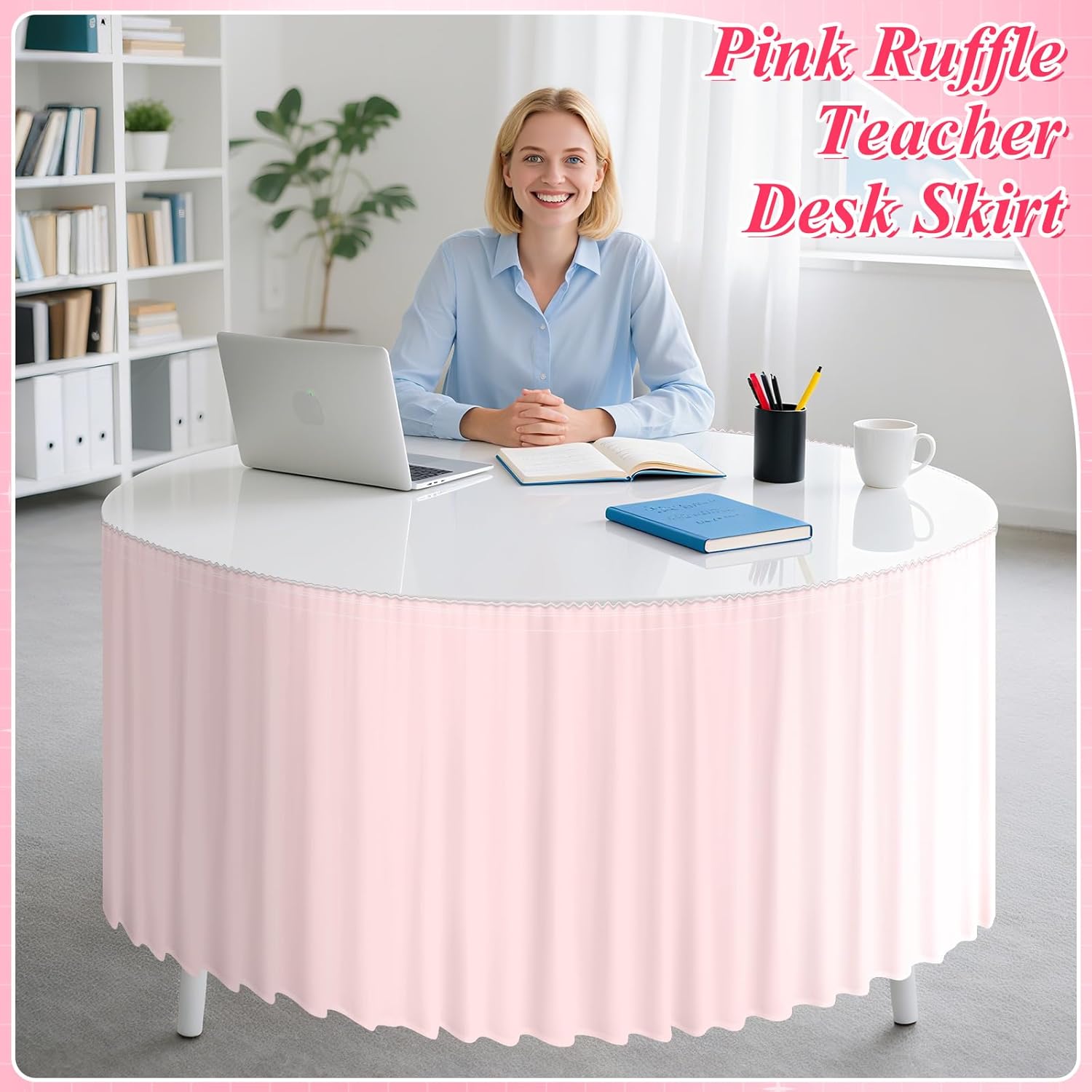 9FT Pink Table Skirt Ruffle Teacher Desk Skirts for Classroom Decorations Rectangle Round Table Cloths Desk Cover Skirt for School Party Supplies Kindergarten Dorm Office Bookcase Cabinet Bed Shelf
