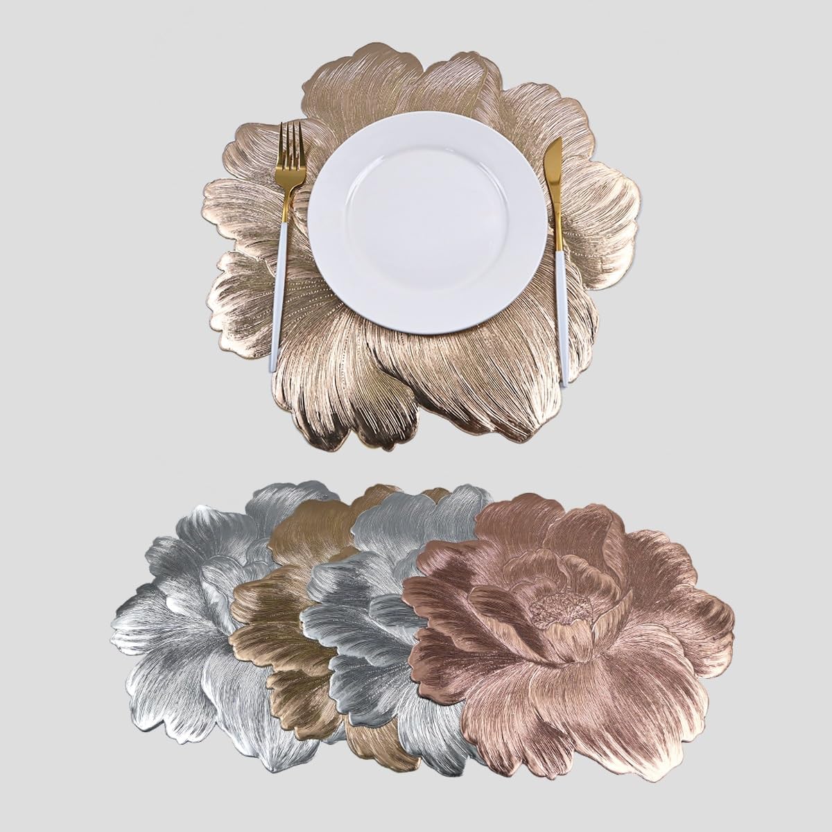 Hollow Gold-Stamped Placemats Wedding Party Western Table Mats Square Waterproof Plate and Coasters(White-Fruit peach5)