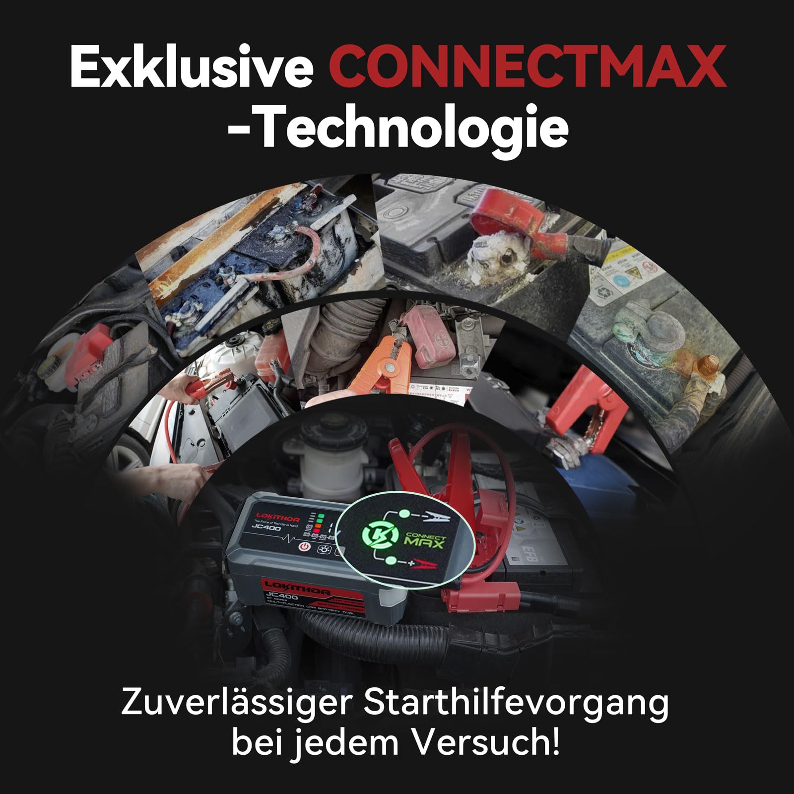 LOKITHOR JC400 9-in-1 Batterieladegerät mit Starthilfe Powerbank für Pkw, 2500A 12V Autostarter Powerpack für Autos bis 8,5L Benzin/6,5L Diesel, 6V/12V Autobatterie-Erhaltungsladegerät und Desulfator