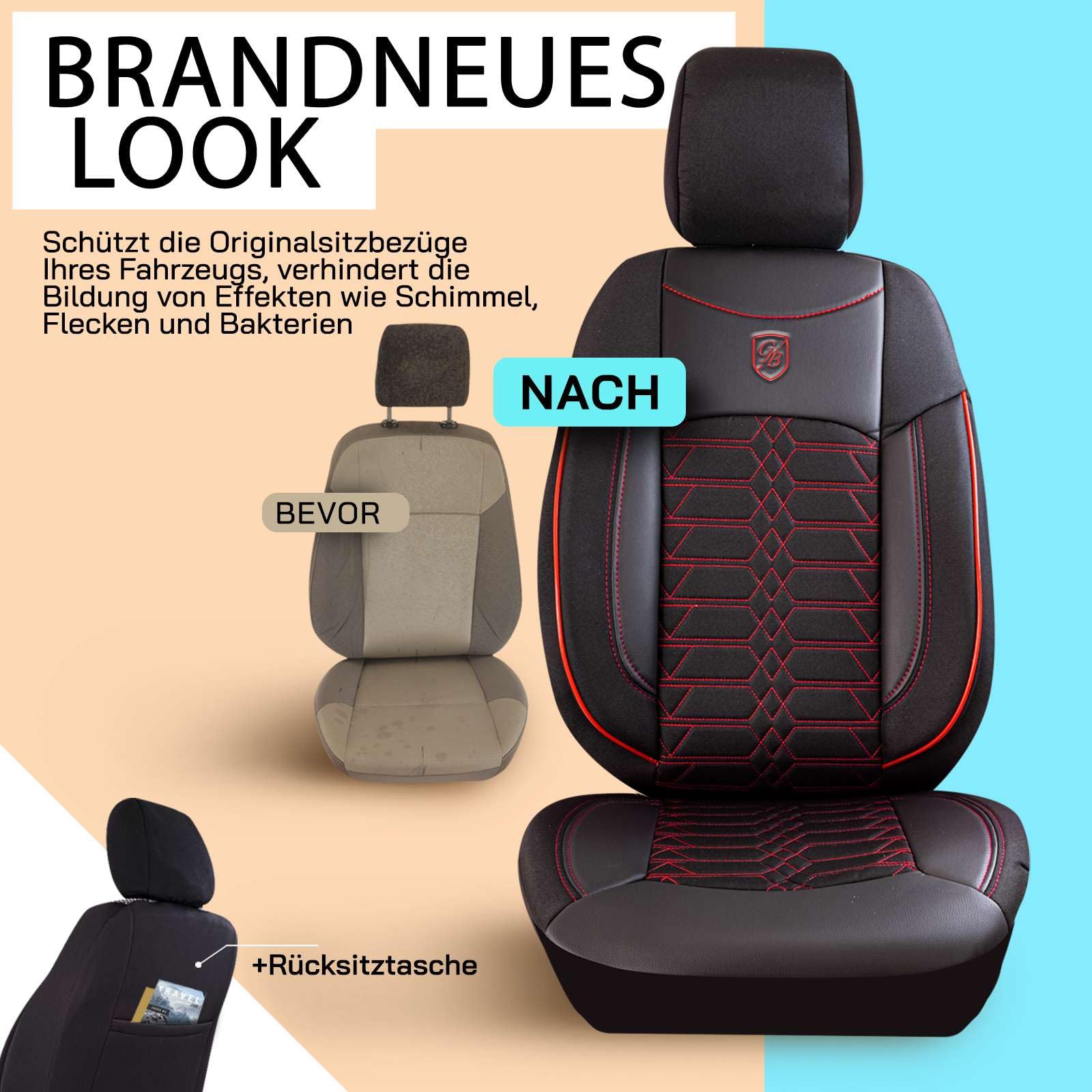 Autositzbezüge Universal – Premium Autozubehör Innenraum für PKW & SUV – Jacquard Sitzauflage, Autoschonbezug Auto, Airbag-kompatibel, Schwarz-Rot, Vordersitz-Set inkl. Montageset