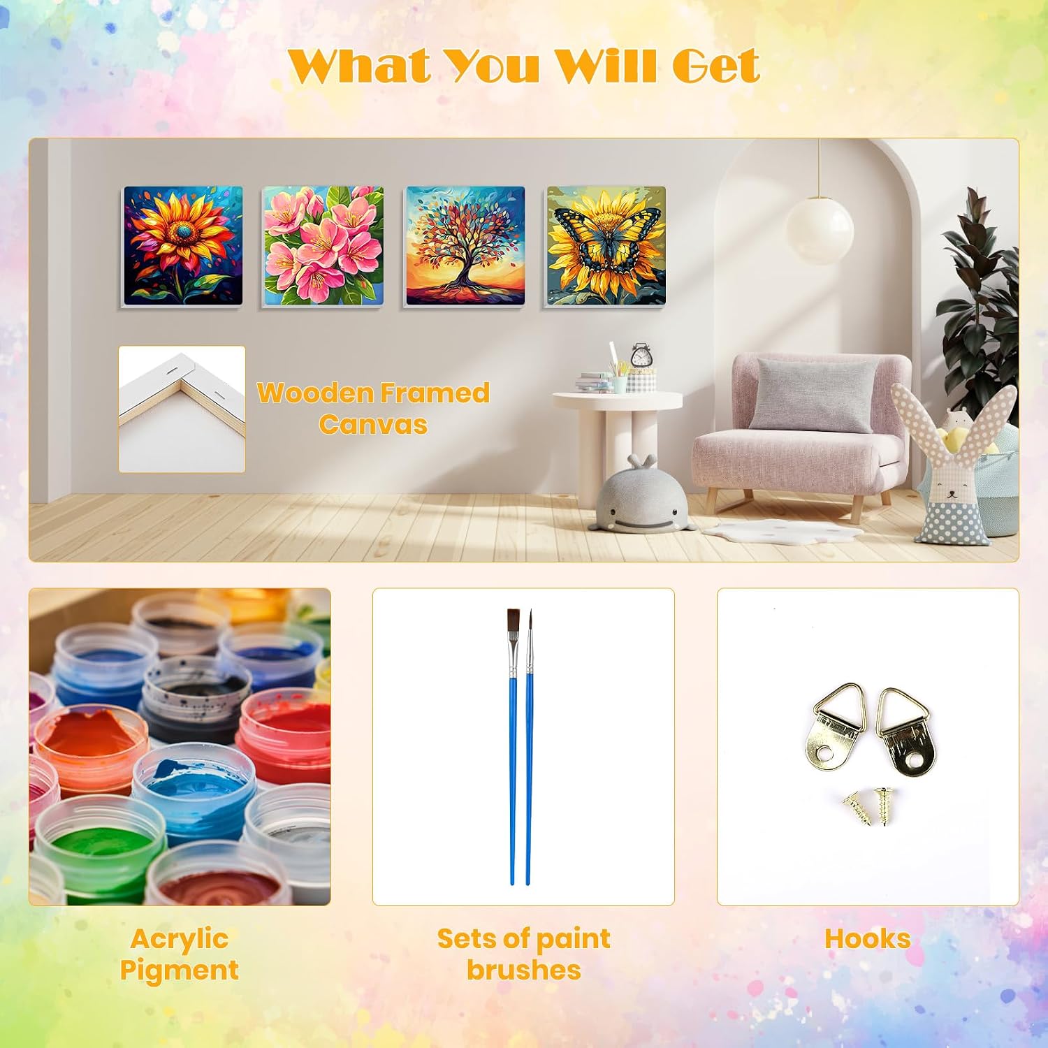 MISCER 4 Pack Paint by Numbers for Adults Beginner, Flowers Butterfly Paint by Number Kits for Kids, DIY Acrylic Oil Painting Suitable for Home Decoration (8x8inch)