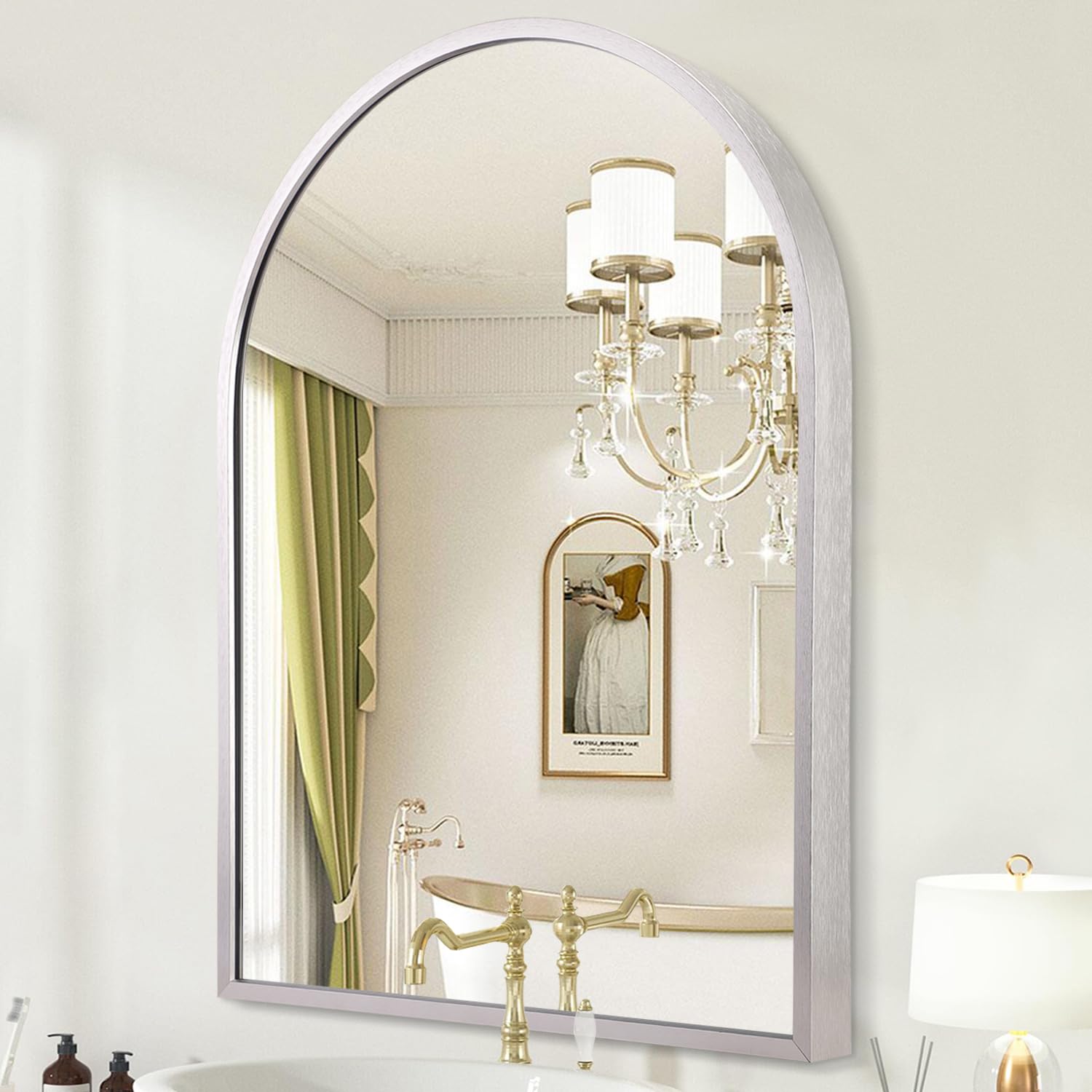 Hlfmvwe Silver Arched Bathroom Mirror, 50 X 40Cm Arch Metal Framed Mirror For Wall, Decor Vanity Mirror For Living Room Bedroom Entryway