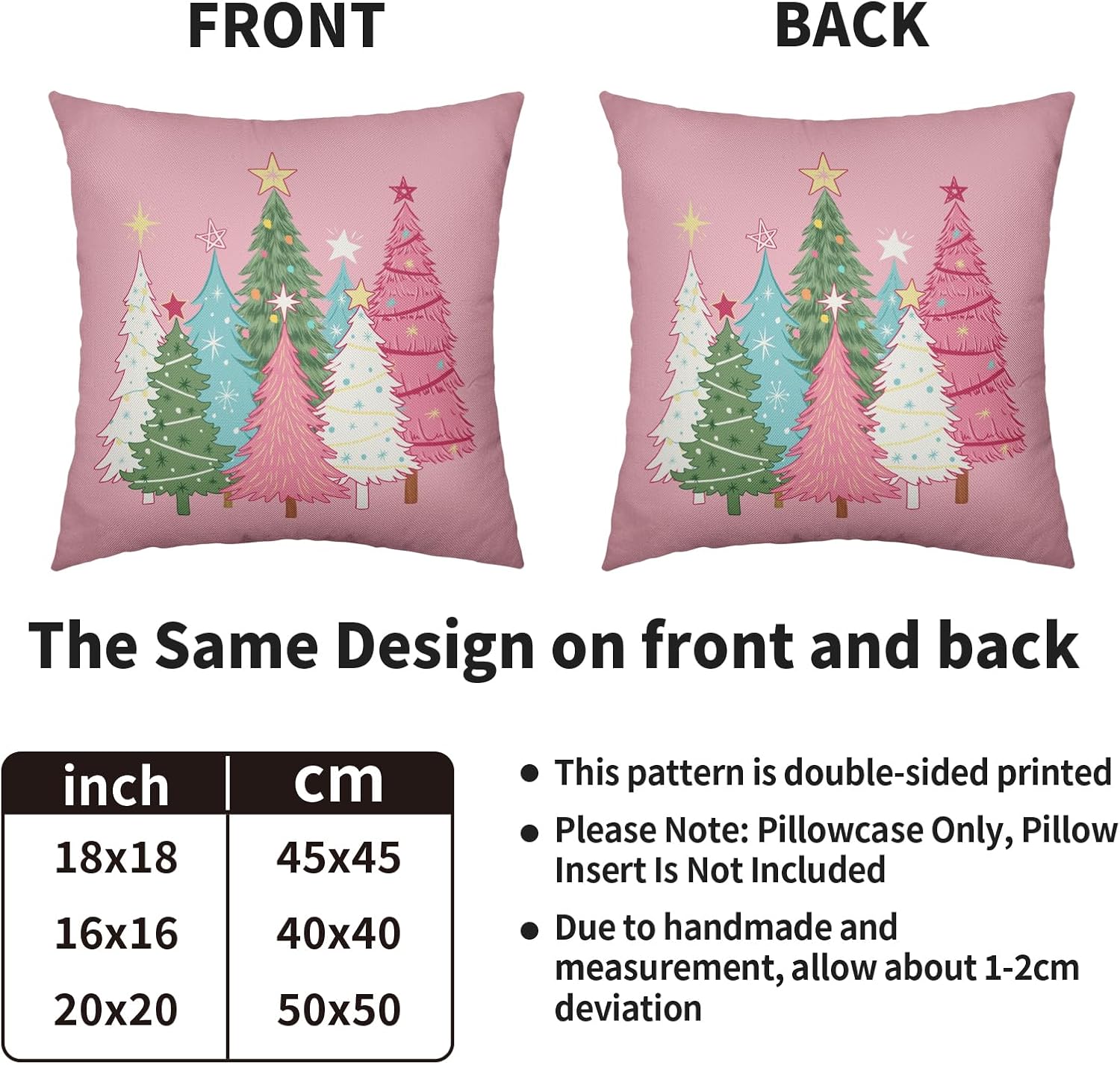 Pink Christmas Pillow Covers 24X24 Set of 2, Colorful Xmas Tree Print Winter Decorative Holiday Themed Throw Pillowcases Seasonal Outdoor Farmhouse Cushion Cover Couch Sofa Bed Home Decor