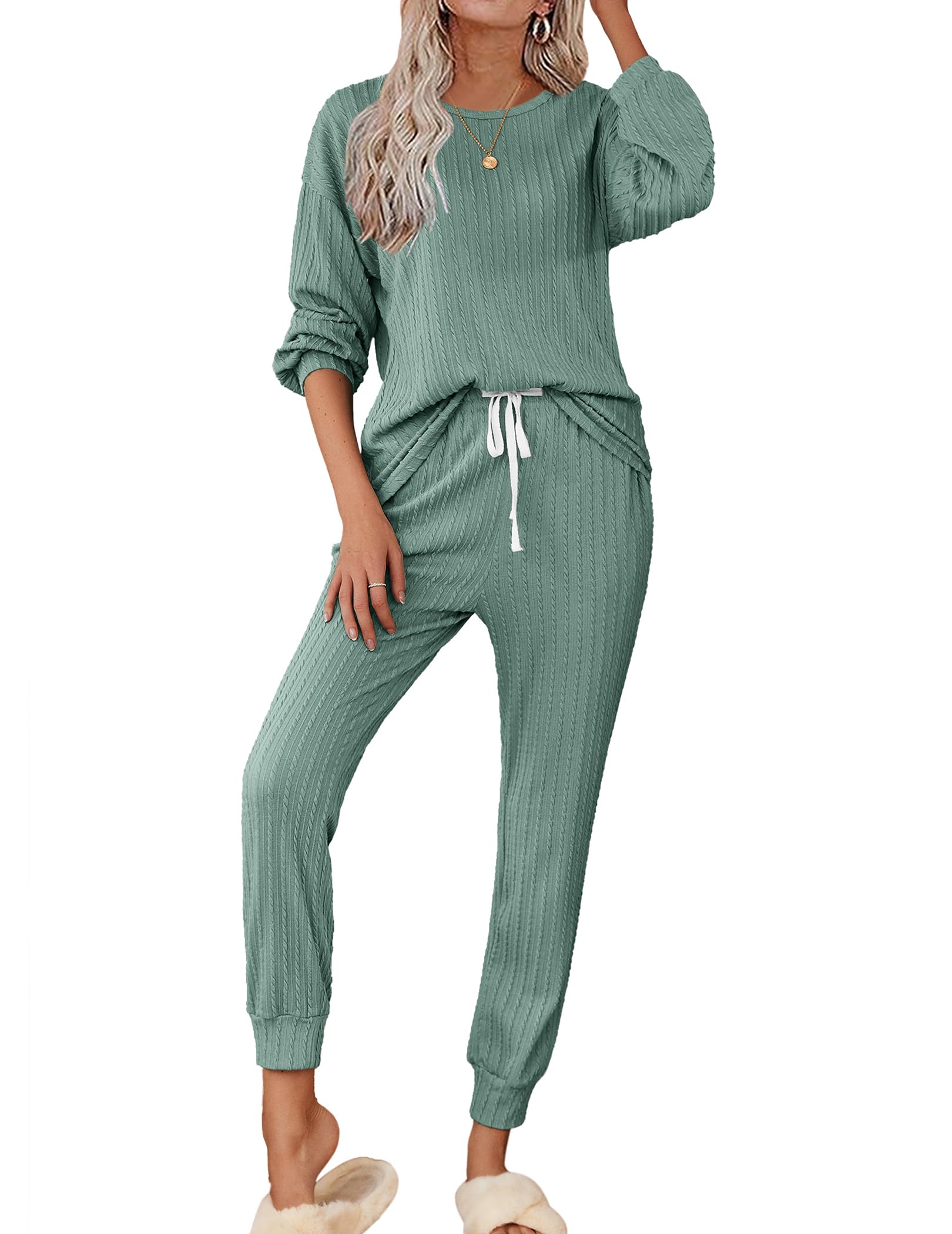Ekouaer Womens Pajamas Set Ribbed Knit Long Sleeve Pullover Top