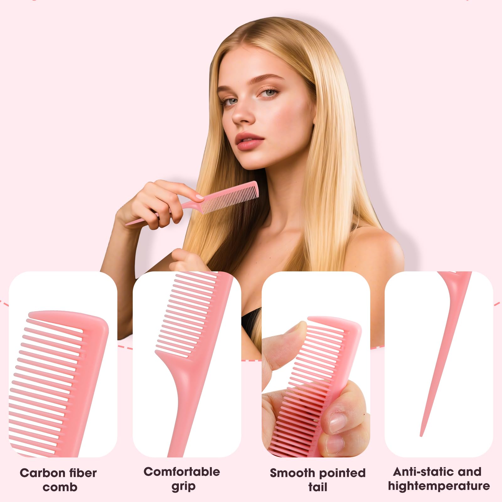 Set di 3 pettini a coda di topo, pettini a denti fini per donne e ragazze, strumenti per la separazione e lo styling dei capelli (rosa, viola, blu)