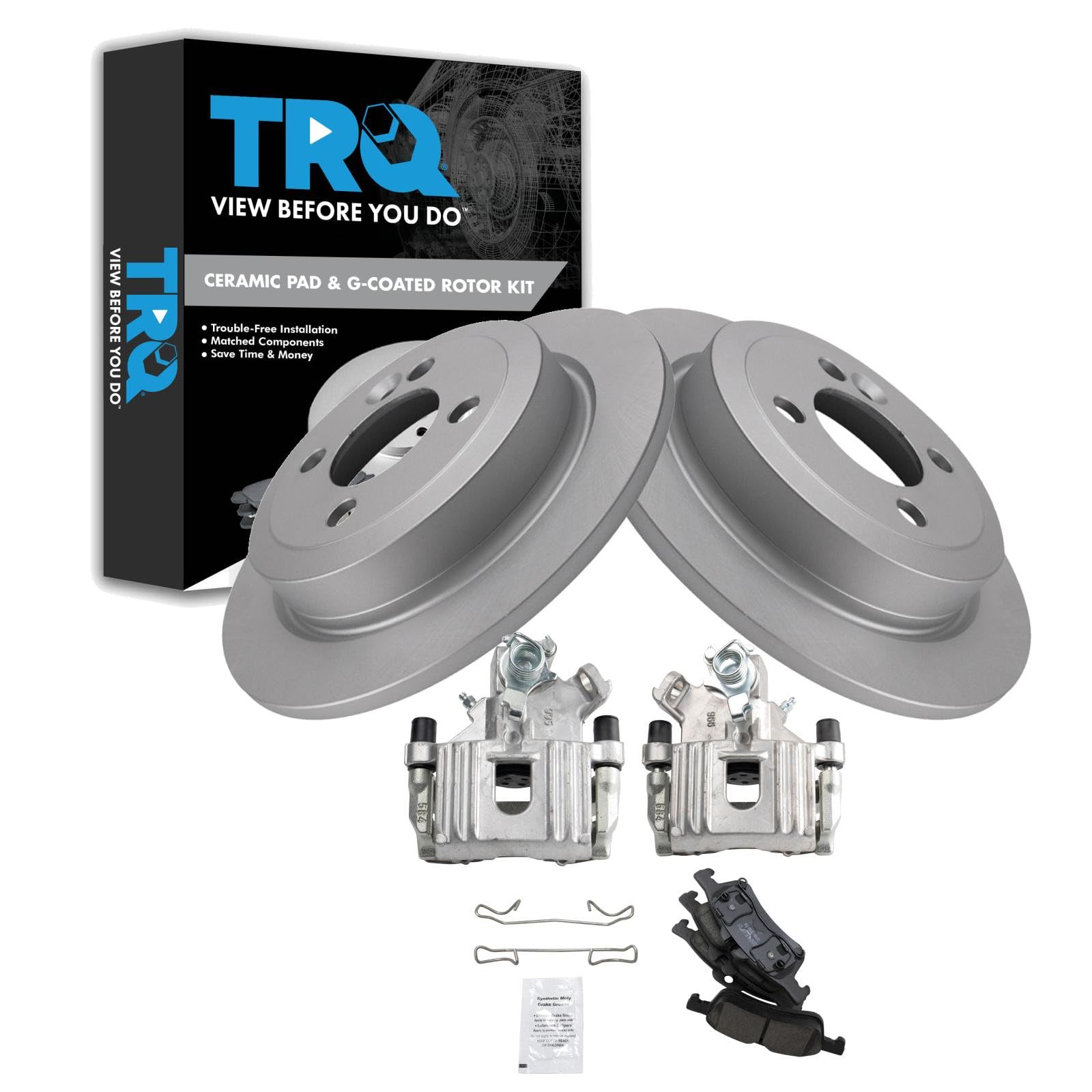 TRQ Rear Brake Pad and Rotor Set Ceramic Solid Rotors Calipers