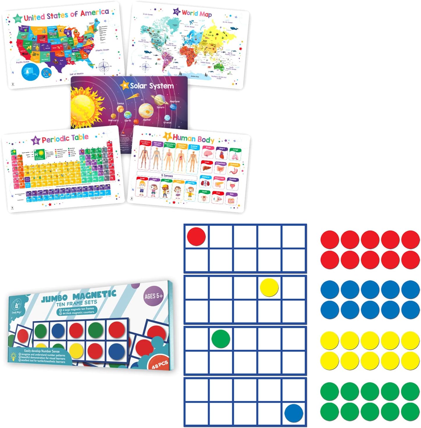 48 PCS Magnetic Ten Frames & 5 Kids Placemats