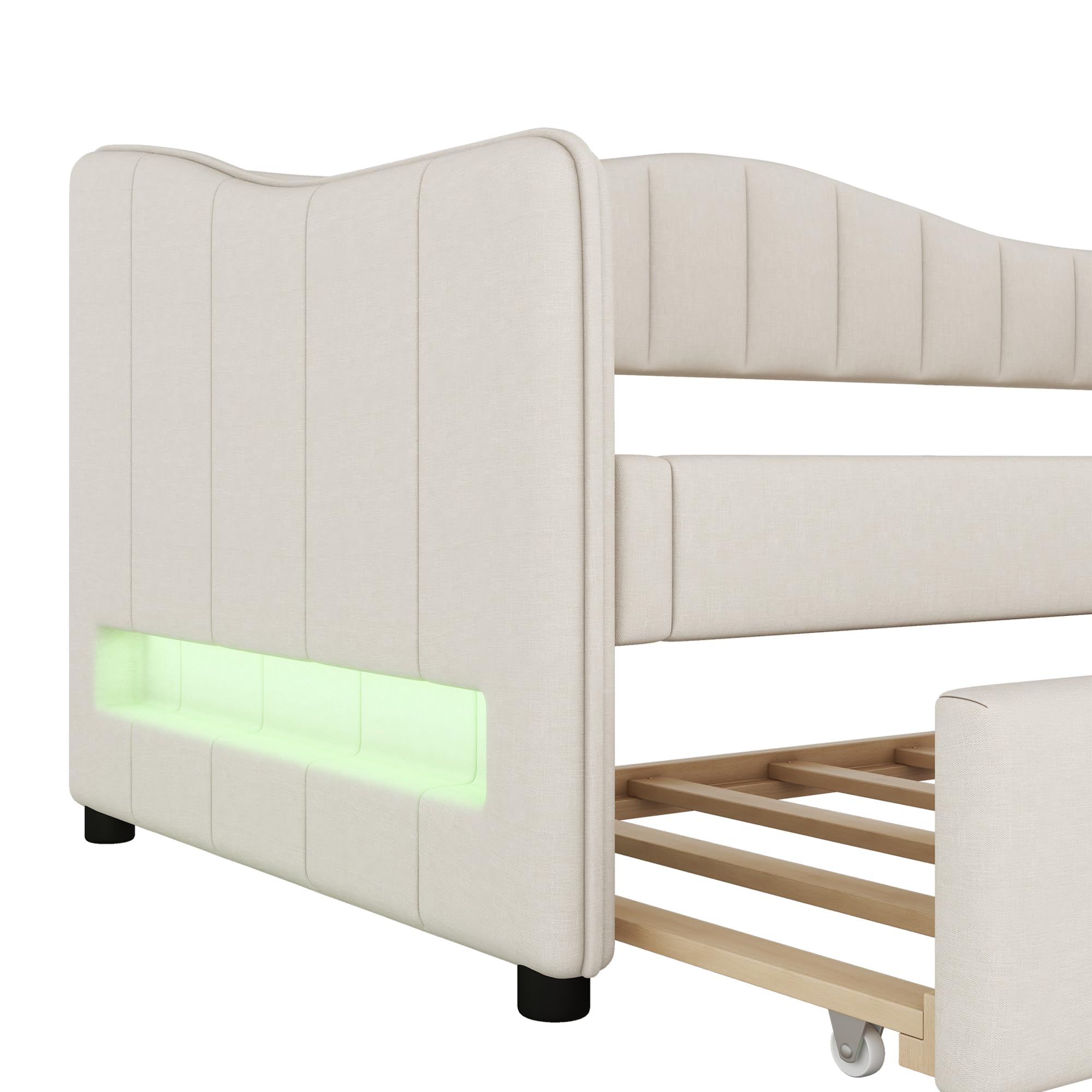Lettino Da Giorno 90x200 Cm In Lino E MDF Con Letto Estraibile – LED Ambientale Regolabile, Beige/grigio – Senza Materasso – Capacità 120 Kg, Montaggio Facilitato