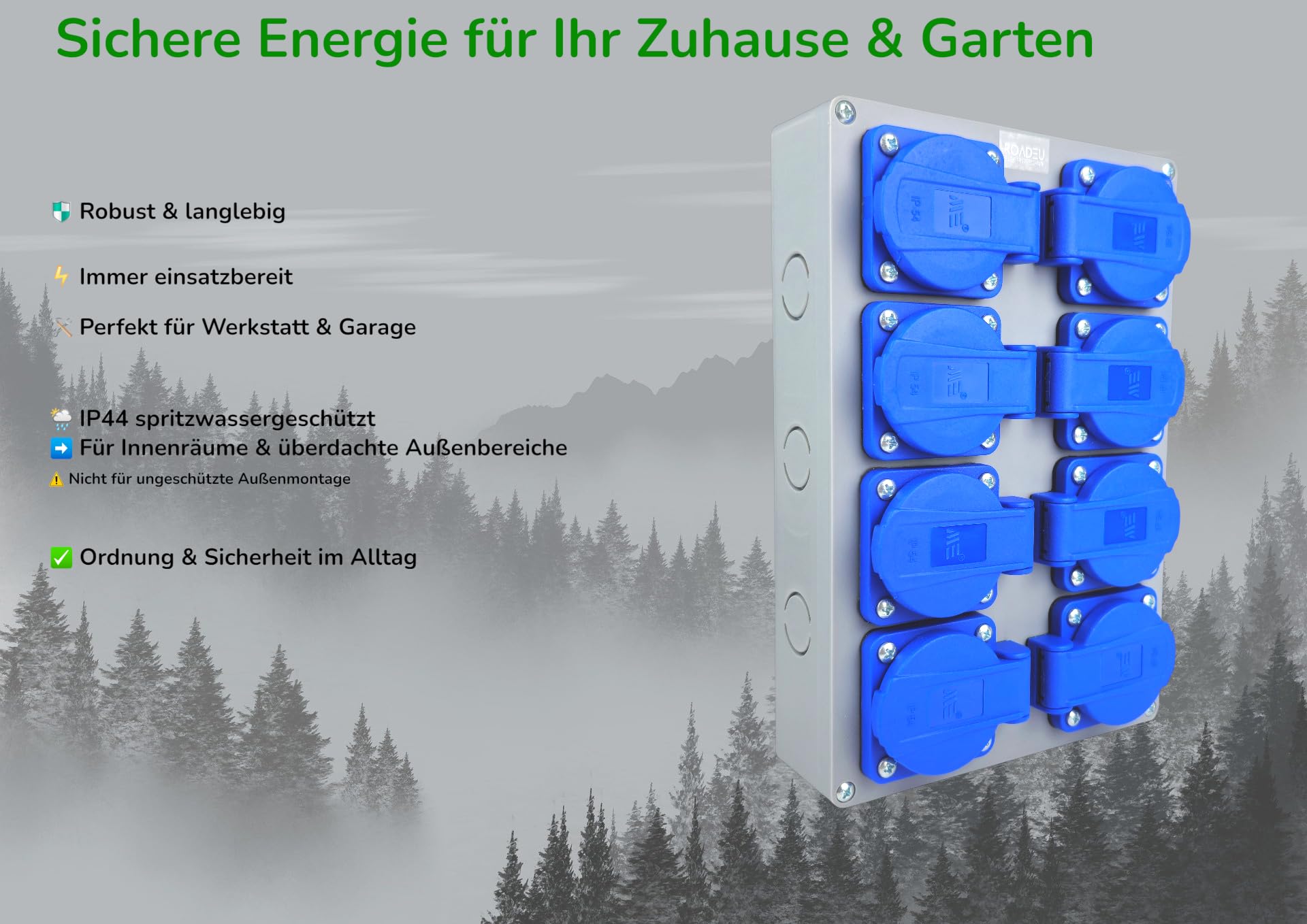 RoadEu – Außensteckdose 8x Schuko 230V | IP44 Steckdosenverteiler Aufputz 16A | Vorverdrahtete Baustromverteiler mit Kabelverschraubung | Für Werkstatt, Garage & Garten