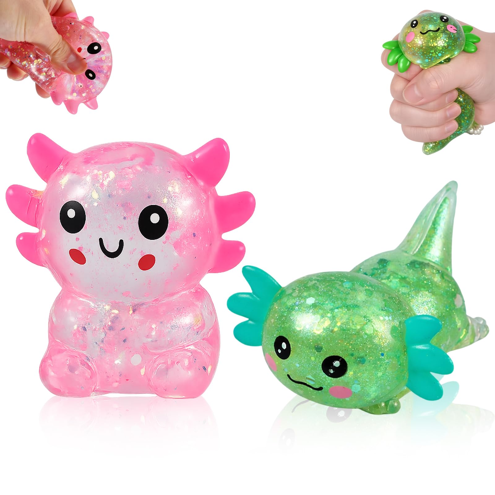 MAUDFEK 2PCS Axolotl Squishy, Squishy Axolotl Toy Set with Glitter Details, Collectible Novelty Items for Desk and Home(Green and Pink)
