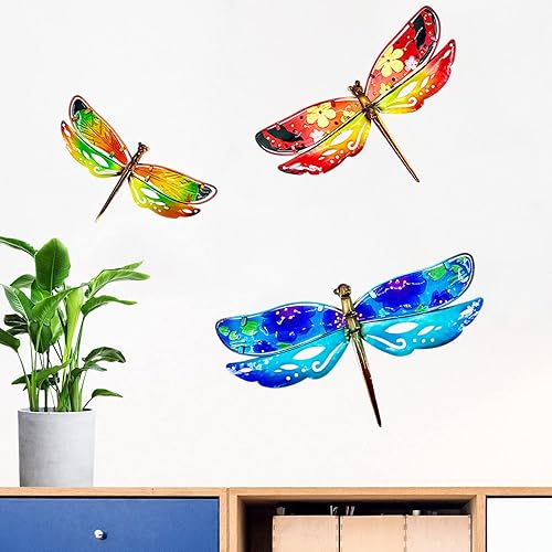 Miniatura 3 de John's Studio Decoración de pared de libélula de metal para colgar en el jardín, esculturas de cristal, decoración temática de insectos para sala de