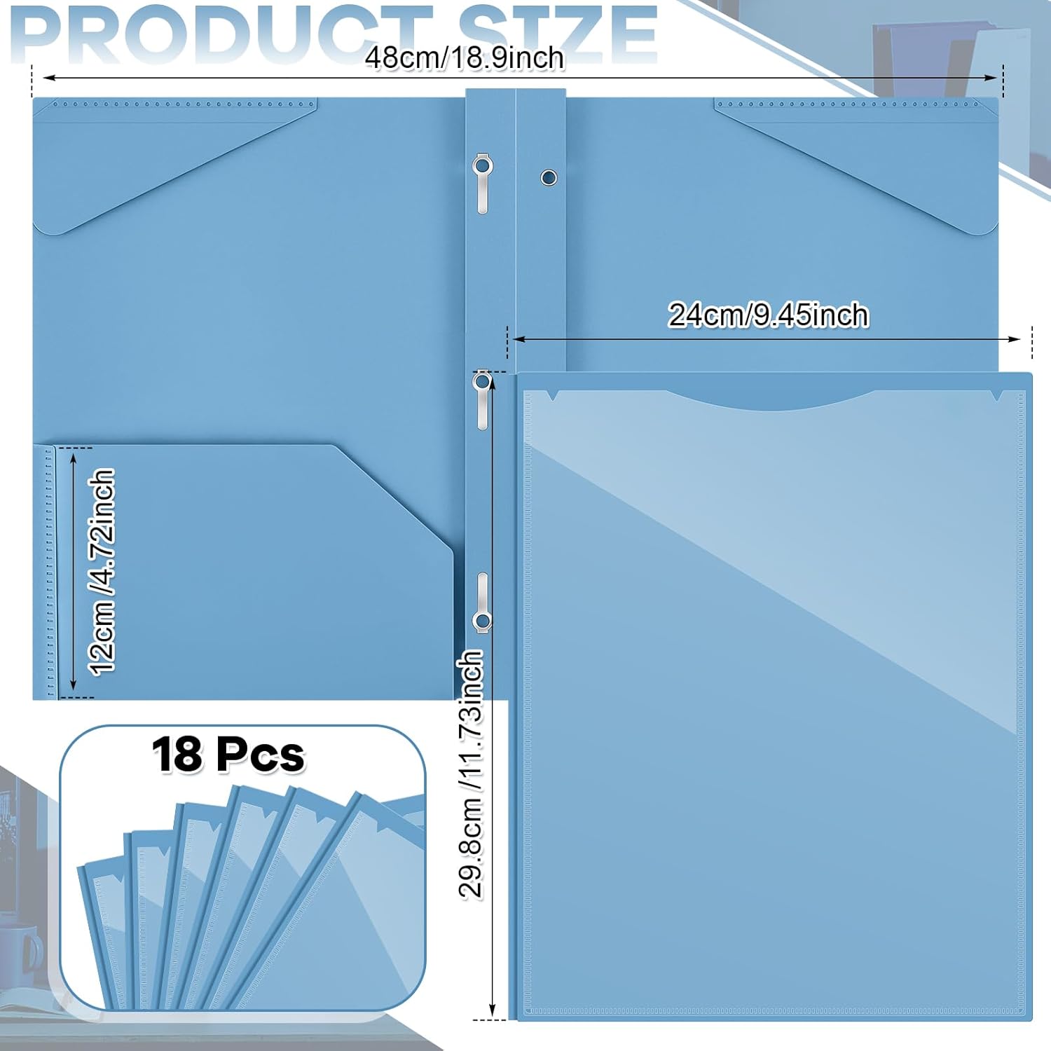 Henoyso 18 Pcs Plastic Folder with Clear Front Pocket and 3 Prong Plastic Folders with Card Slot Pocket Folders with Prongs for School Office (Haze Blue)