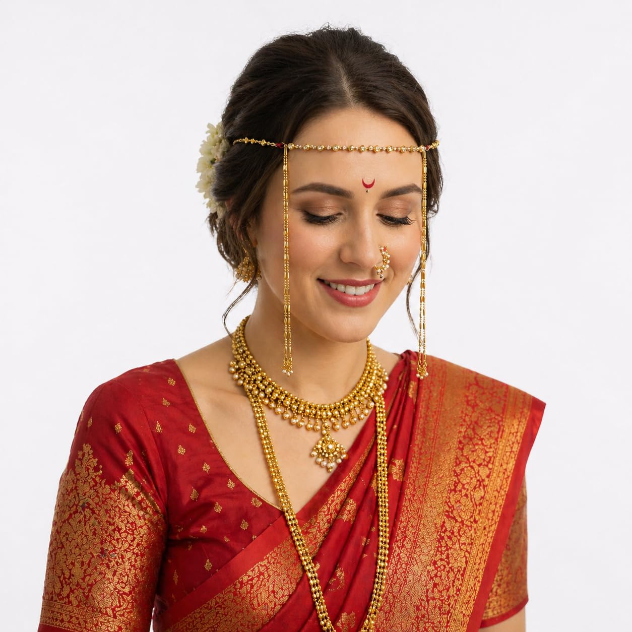 Golden Mundavalli for bride - golden Mundavalya for bride and groom - Traditional Fancy Gold-Plated Designer Mundavalya | Mundavli Bashing set For Wedding | गोल्डन मुंडावळ्या Beaded Strings with Hanging Pearls -मुंडावळ्या-picture-55