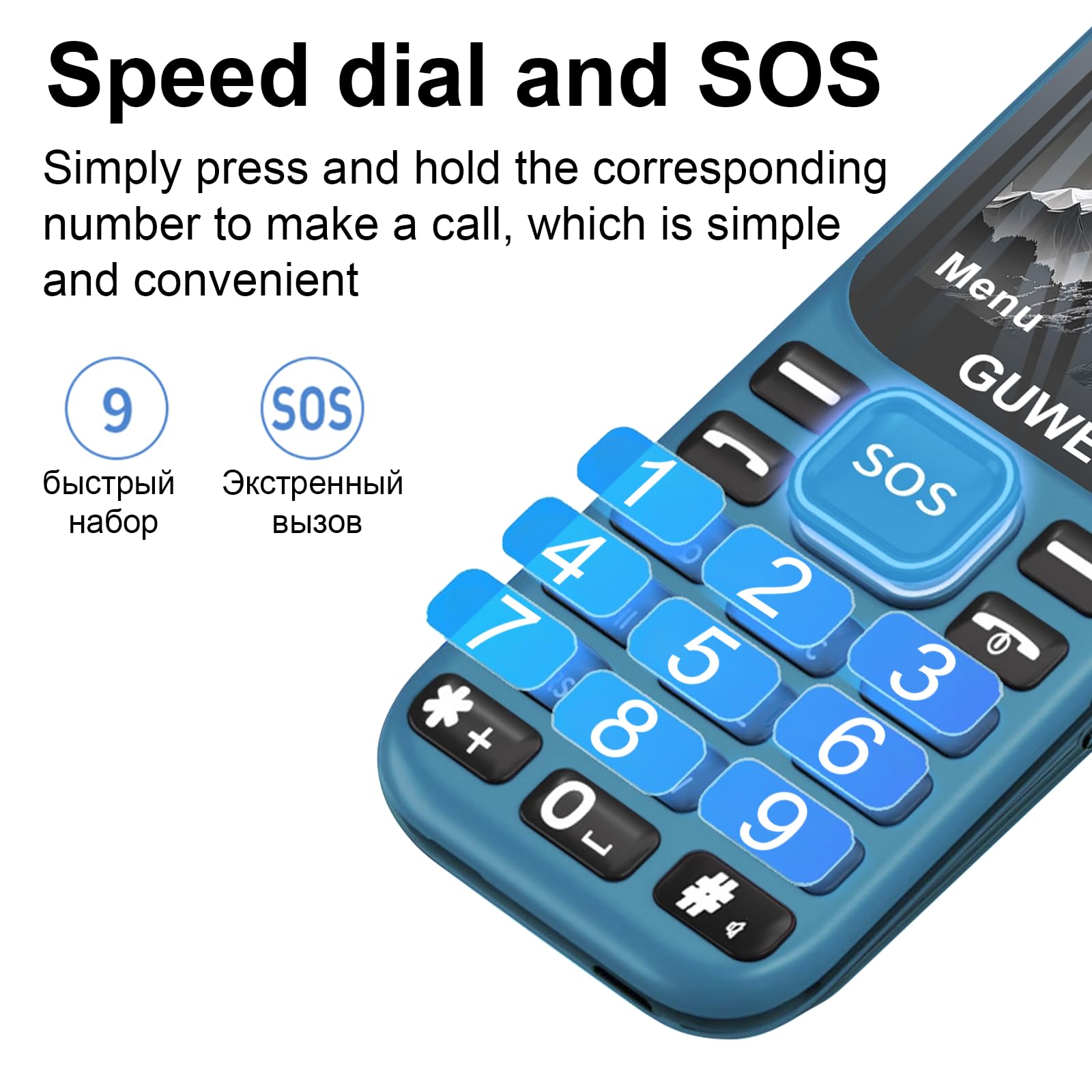 Guwet A2 2G Telefono Cellulare per Anziani con Tasti Grandi, Volume Alto, Funzione SOS, Batteria ad Alta Capacità, Doppia SIM Dual Standby, blu