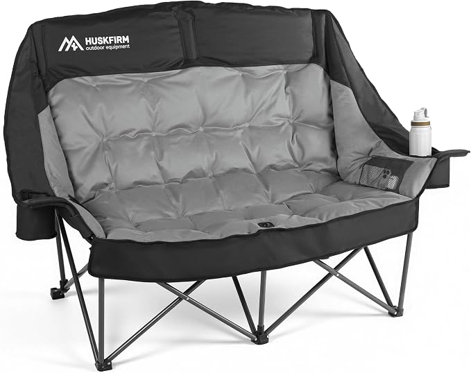 Huskfirm High Back Double Camping Chair 2 Person Camping Chair Low Seat Loveseat Camping Chair Fully Padded Oversized Camping Couch for Adults - Supports 650 LBS with Cup Holders Carry Bag - Black