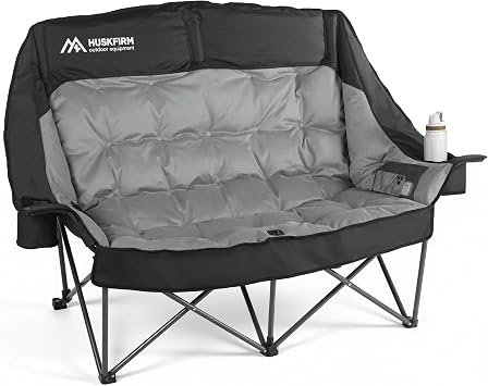 Huskfirm High Back Double Camping Chair 2 Person Camping Chair Low Seat Loveseat Camping Chair Fully Padded Oversized Camping Couch for Adults - Supports 650 LBS with Cup Holders Carry Bag - Black