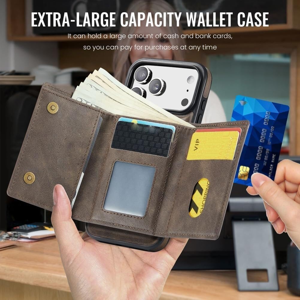 Wallet Case for iPhone 17 Pro Max/17/17 Pro/17 Air, Magnetic 2 in 1 Detachable Back Card Slots Heavy Duty Protection Cover Kickstand Supports Wireless Charging Case (17Pro,Black)