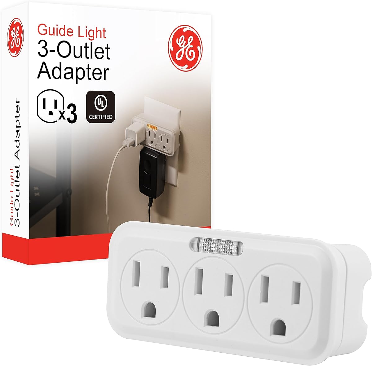 GE 3-Outlet Extender Wall Tap with Guide Light, Grounded Adapter, 3-Prong, Cruise Essentials, Indoor Rated, Use for Home Office School Dorm, UL Listed, White, 14494