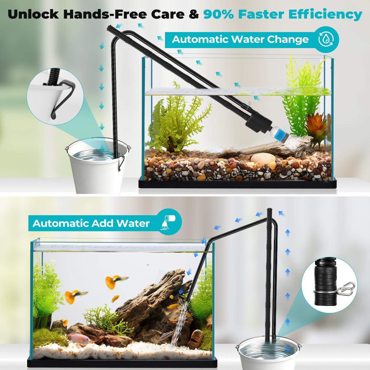 fishkeeper Elektryczny odkurzacz do akwarium 30 W, regulowany 1800 l/h, pompa do wymiany wody 8 w 1, z wężem do czyszczenia piasku, żwiru, filtrowania, cyrkulacji wody