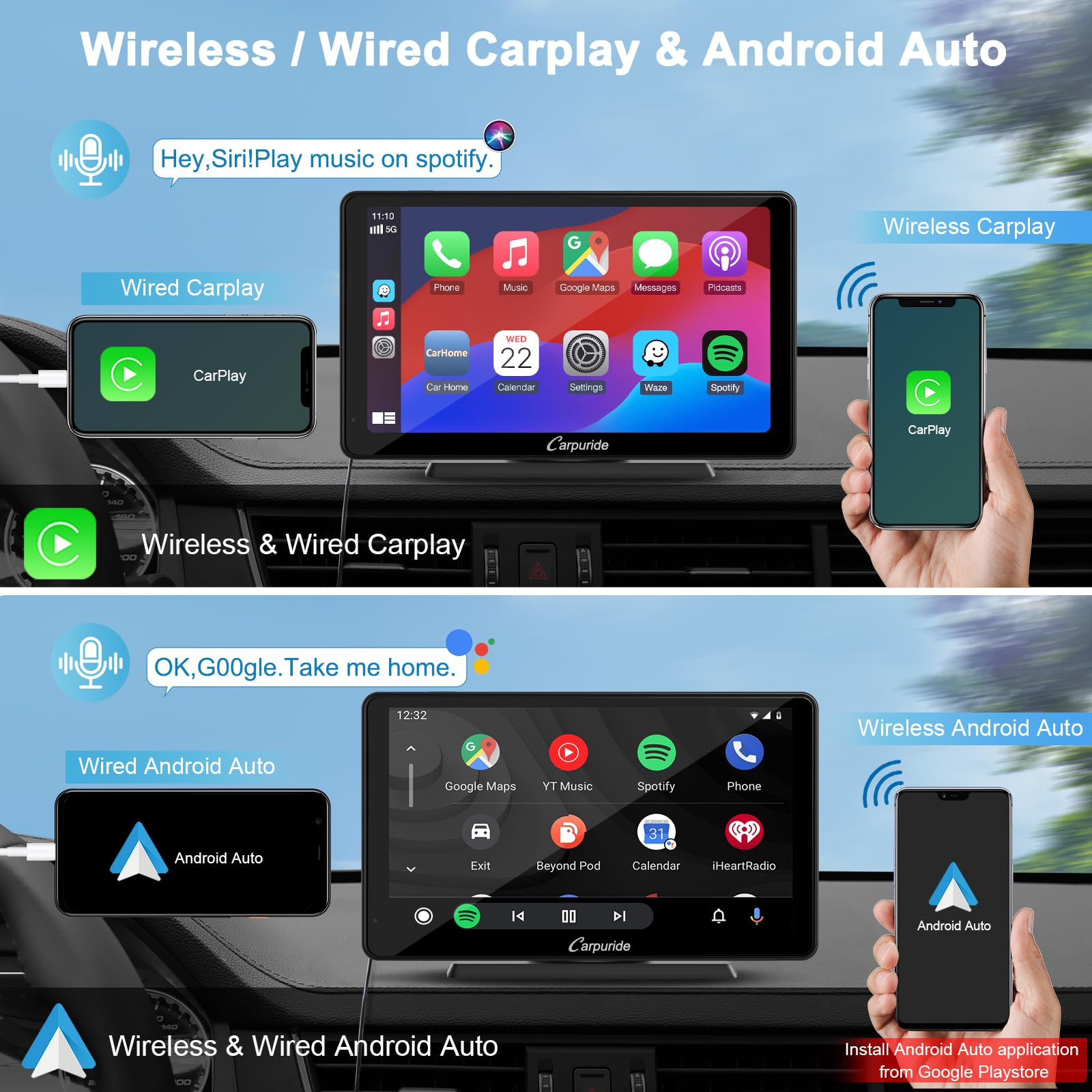 Carpuride C3 Auto Carplay Schermo 7 pollici | Wireless Carplay & Android Auto, Portatile HD Touchscreen con AirPlay Link Specchio, Bluetooth, Navigation, Siri, FM/AUX.