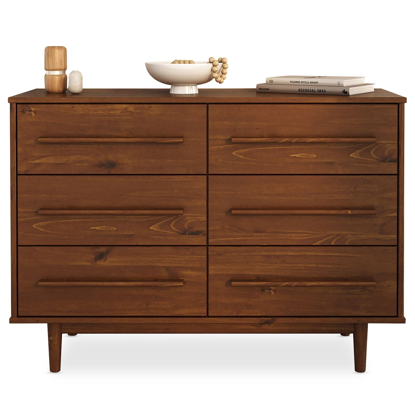 IDIMEX Kommode TECCA mit 6 Schubladen, Kastanie Finish – Schubladenschrank aus massivem Kiefernholz, Lange Holzgriffe, Stauraum für Schlafzimmer Wohnzimmer Flur, skandinavisches Design