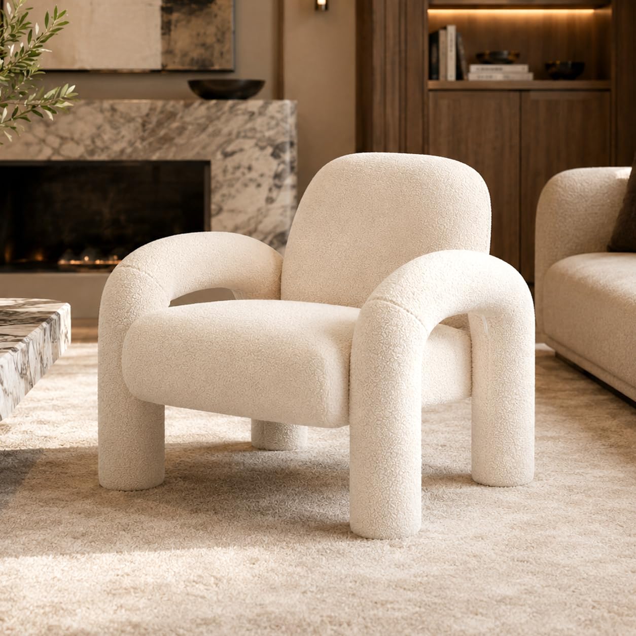 Sessel Loungesessel Einzelsofa aus Boucle Lia - Einzelsessel Armlehnstuhl Polsterstuhl Sofa bis 120kg - eleganter Armsessel Loungesofa Relaxsessel für Wohnzimmer Schlafzimmer (Weiß)