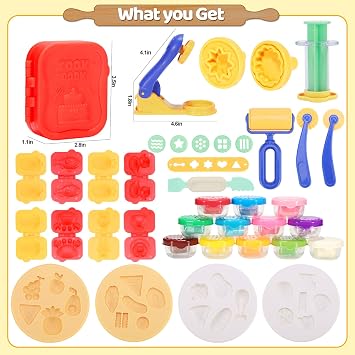 Crelloci Play Color Dough Tools Set, Deluxe 41PCS Kitchen Creations Accessories Kit, with 12 Cans Dough, Stamper Cookbook Food Mold Roller Cutter Extruder, Gift for Kids Boys Girls Ages 3+