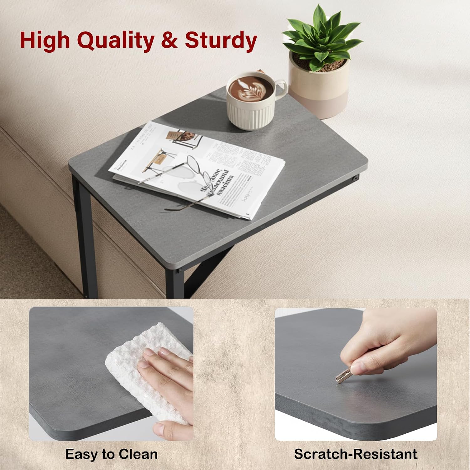 C-Shaped End Table, Small Side Table for Couch with Sturdy Metal Frame, Multi-Functional Sofa Table for Living Room, Bedroom, Bedside, Nightstand, Compact Accent Table - Grey