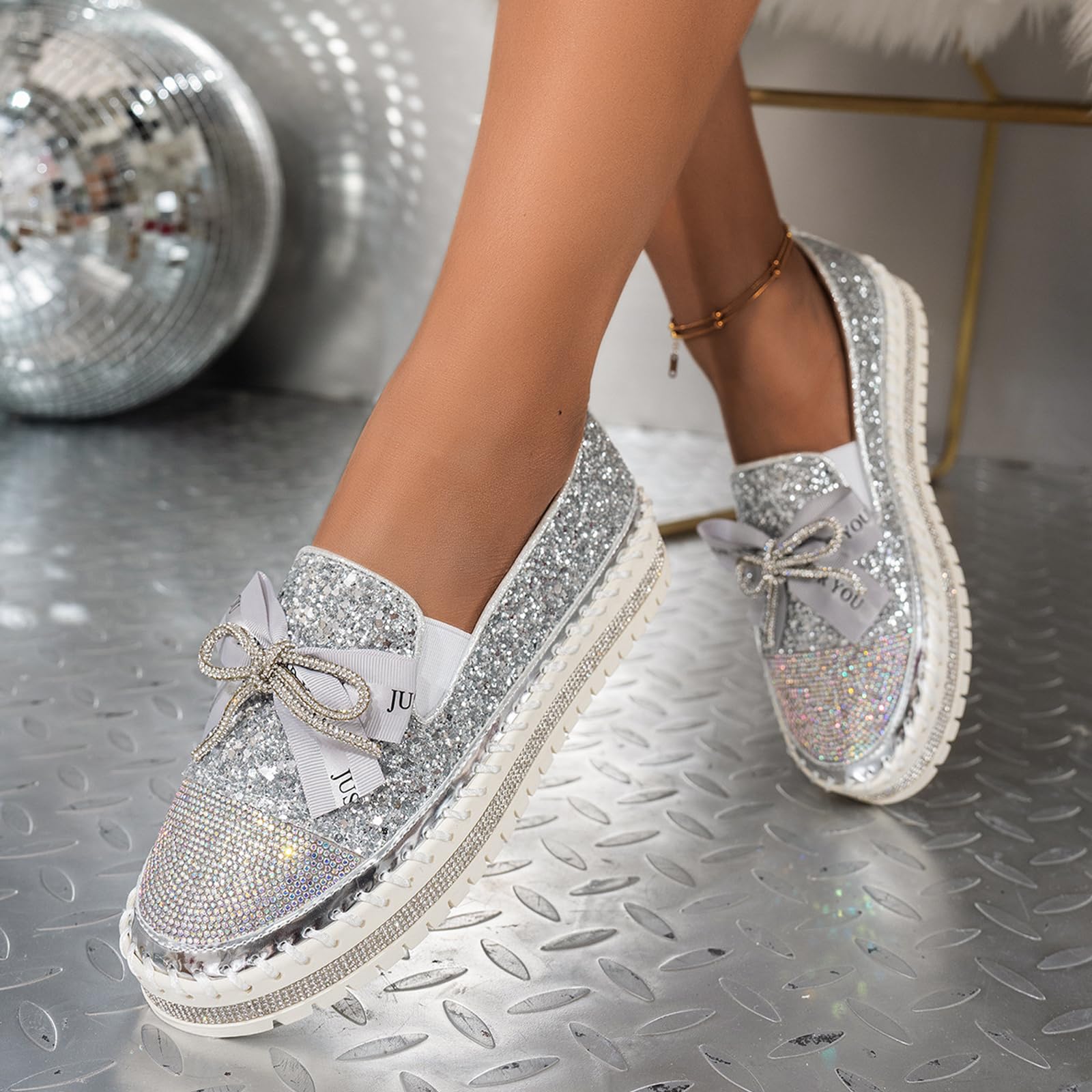 Zapatos casuales cómodos de moda con diamantes de imitación brillantes para mujer, zapatos de moda para mujer, con lazo decorado con lazo, zapatos planos casuales