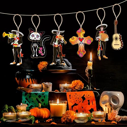 Miniatura 2 de CMUSKO Dia De Los Muertos - 30 adornos de madera para el Día de los Muertos, letrero de madera colgante de calavera de azúcar, adornos para árbol