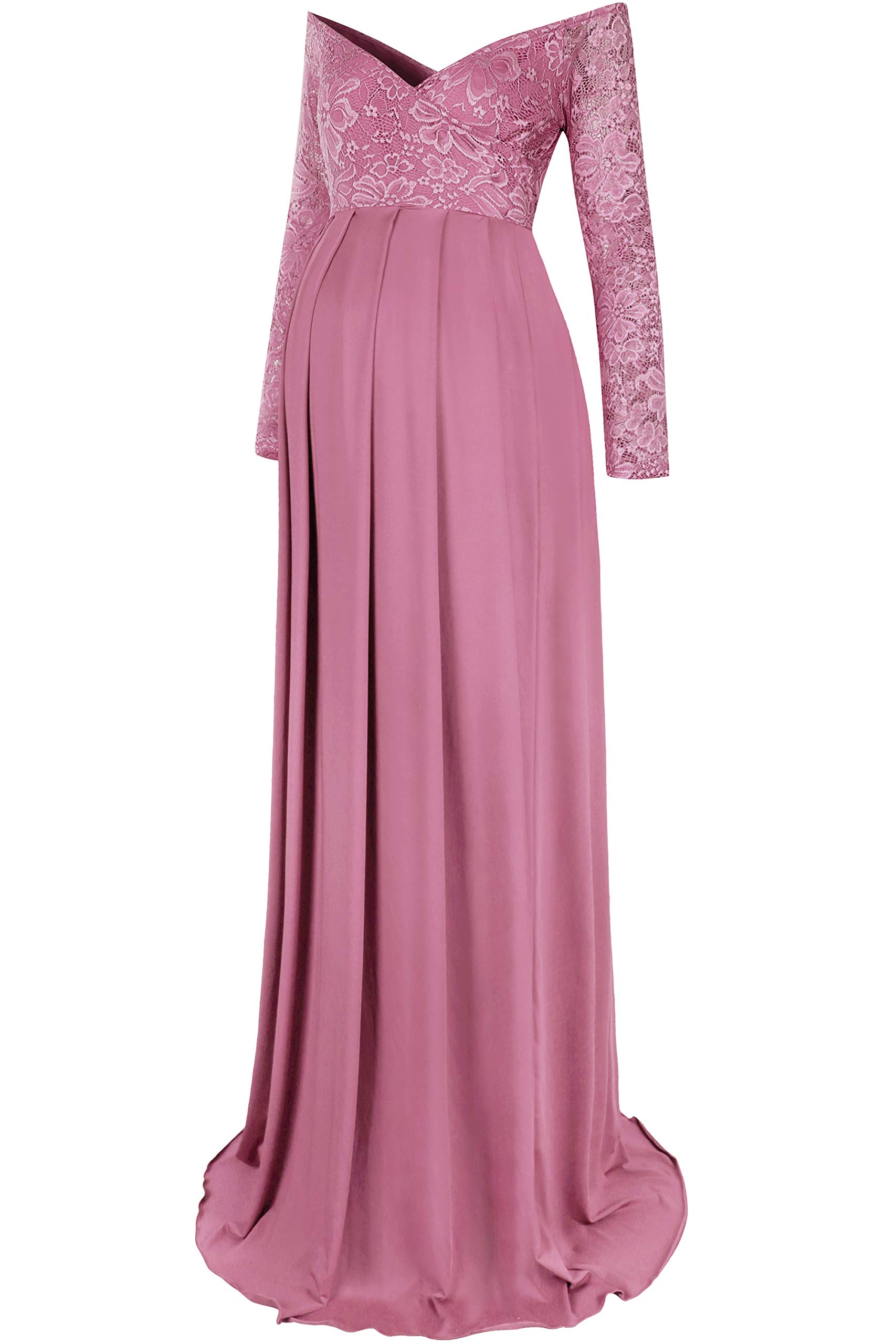 MolliyaMaternity Long Dress Lace Sleeve Off Shoulder Maxi Gown Stretchy Baby Shower Photography Dress