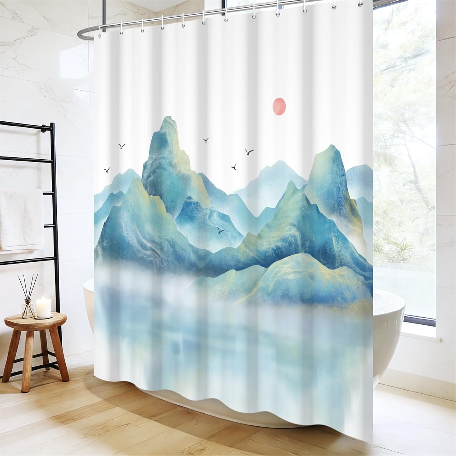 AOFOTO Abstract Mountain Landscape Shower Curtain 72x78 Inch Pastel Teal Nature Lake Theme Modern Aesthetic Bathroom Bath Accessories Set Polyester Fabric Asian Ink Painting Bath Curtains with Hooks