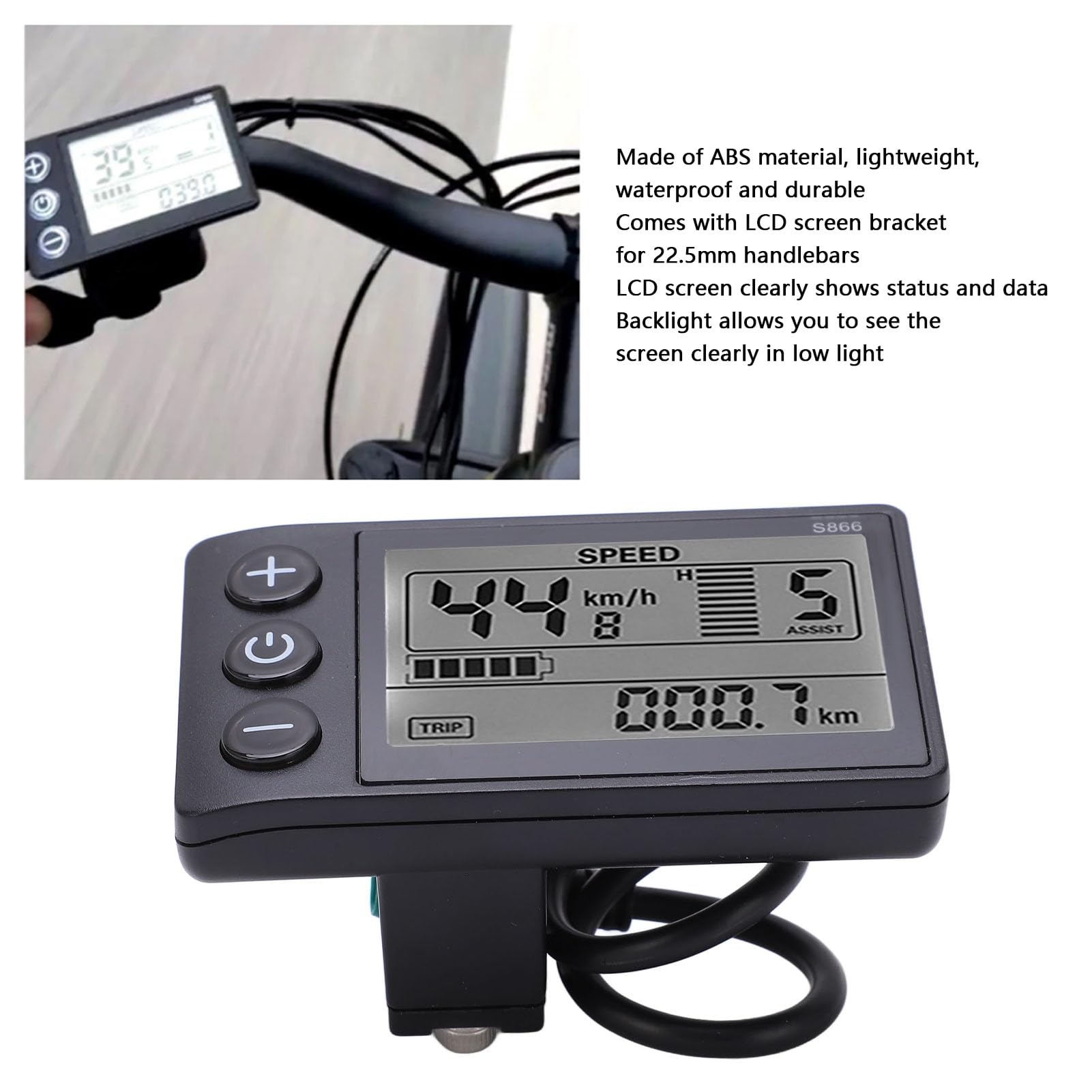 Aramox S866 LCD Display Controller 7 Polig S866 Display Elektrofahrrad LCD-Display Digital Mess Fahrradbildschirm mit ABS-Material Wasserdicht IP65 für 24 V 36 V 48 Spannung, 5pin