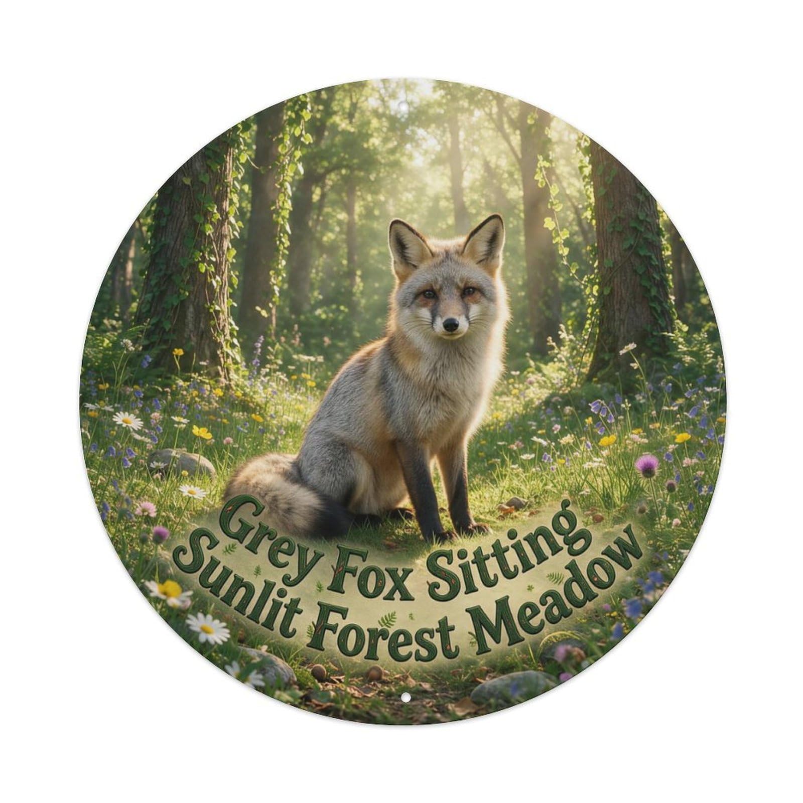 Grey Fox Sitting Sunlit Forest Meadow Metal Tin Sign Plaque