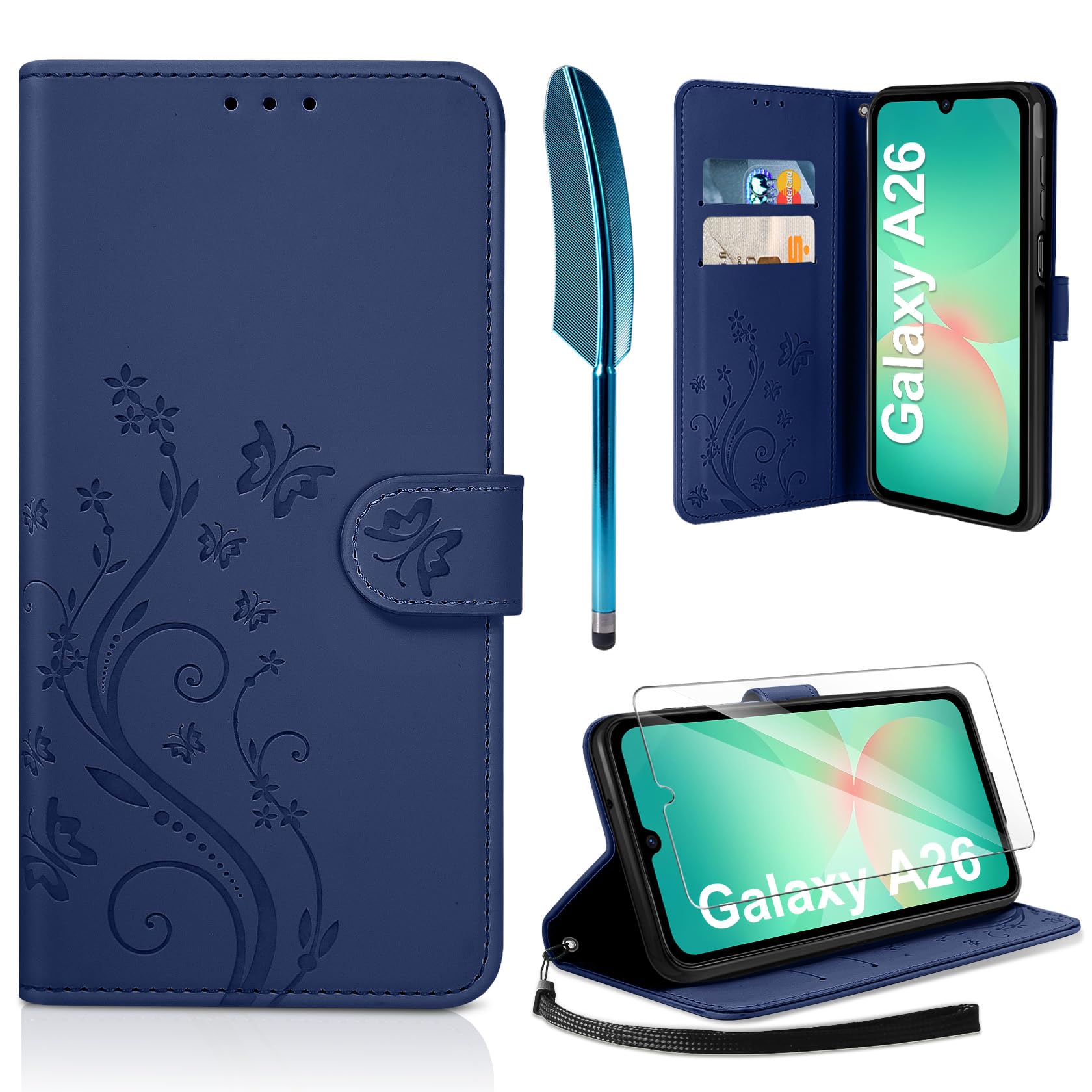 AROYI Lederhülle Kompatibel mit Samsung Galaxy A37 5G Hülle und Schutzfolie, Flip Wallet Handyhülle PU Leder Case Kartensteckplätzen Schutzhülle Kompatibel mit Samsung Galaxy A37 5G Dunkel Blau
